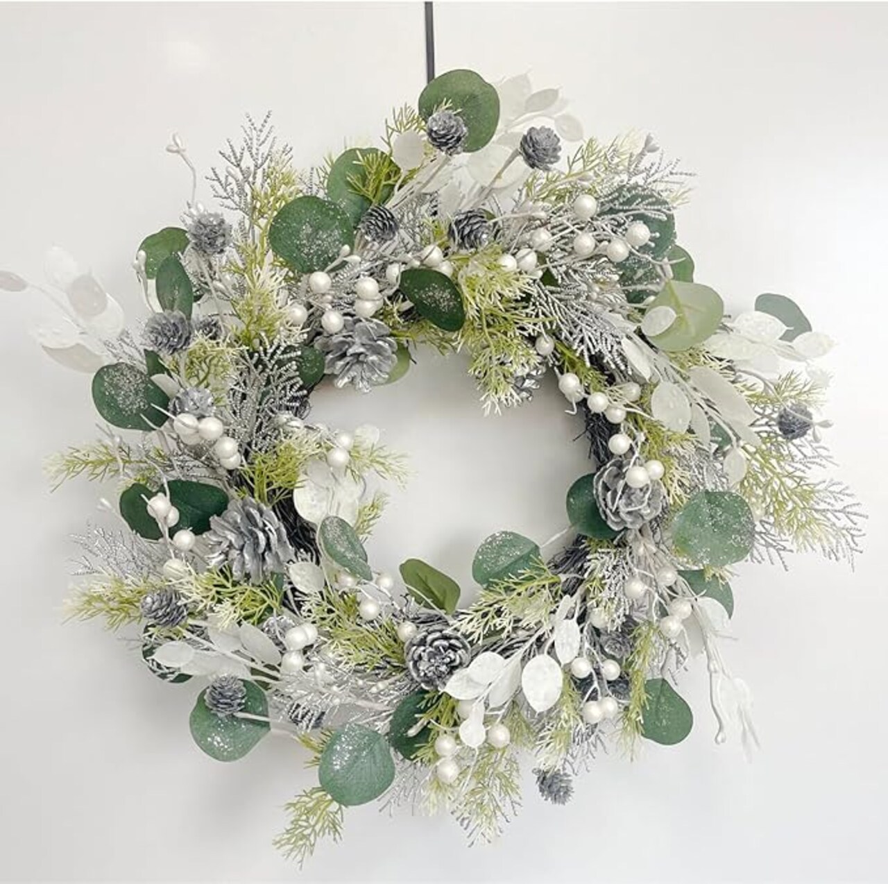 Christmas Wreaths for Front Door 22 Inch Artificial Christmas Wreath White Winter Wreath with Berries Pine Cones Pine Needles for Xmas Indoor Outdoor Decor